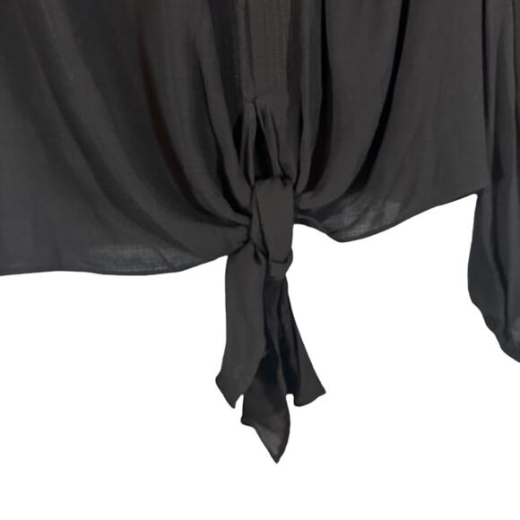 MNG by Mango Black Tie Knot Front Long Sleeve V-Neck Blouse Women Sz 8 - Picture 4 of 7